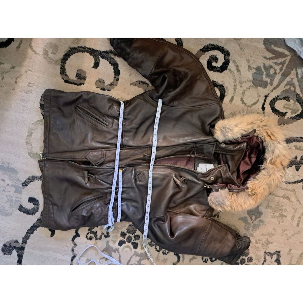 Andrew Marc Brown Leather Jacket with Fur Hood - Picture 5 of 13